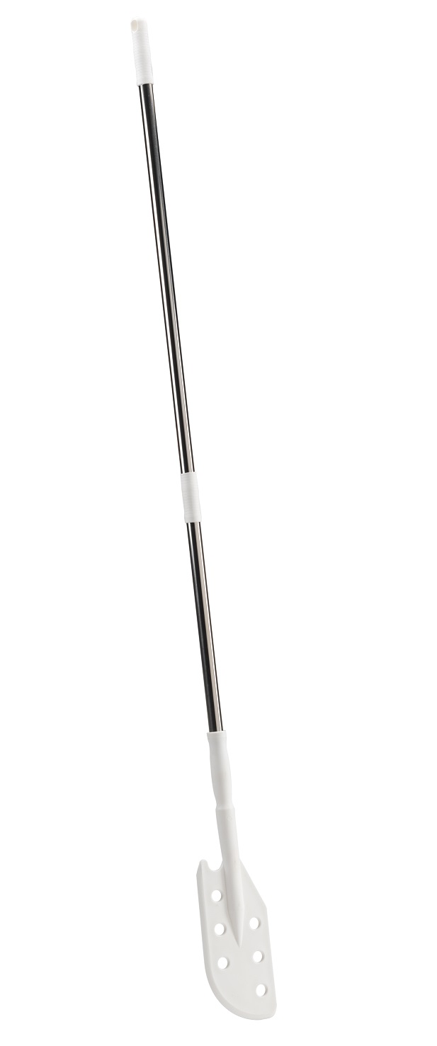 Élelmiszeripari lyukas keverőlpát rozsdamentes acél nyéllel 290x1760 mm. fehér